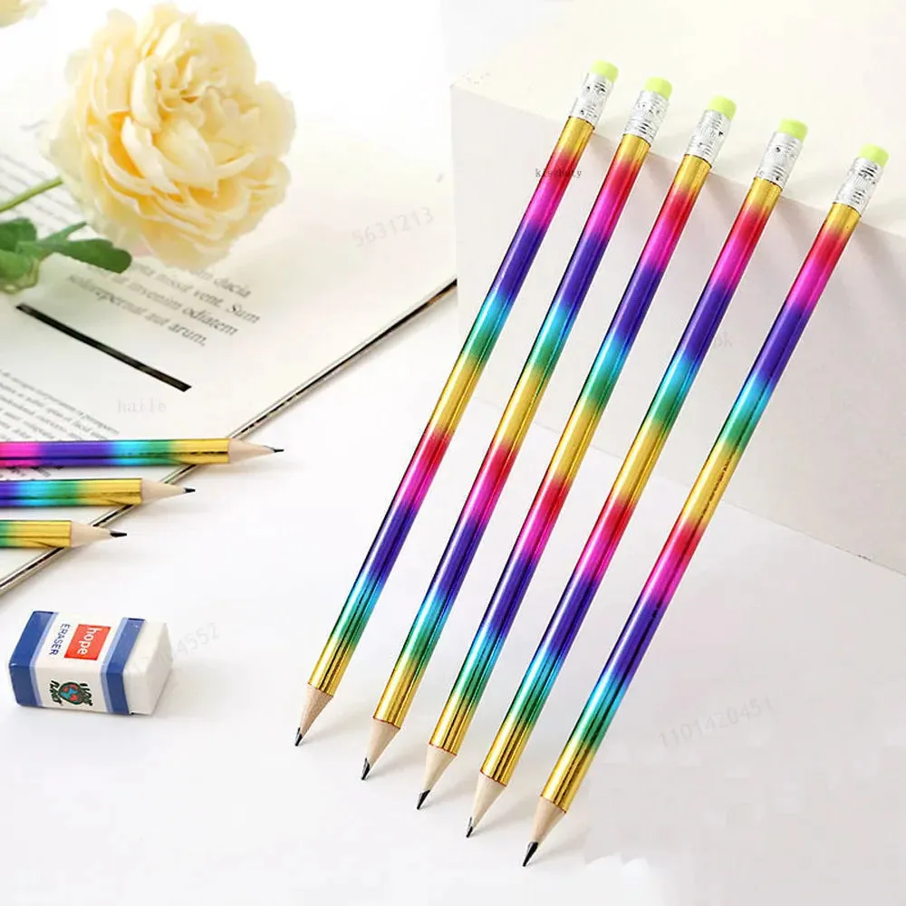 12 Rainbow Wooden Pencils with Eraser Sharpener Kids Hb Sketch Drawing