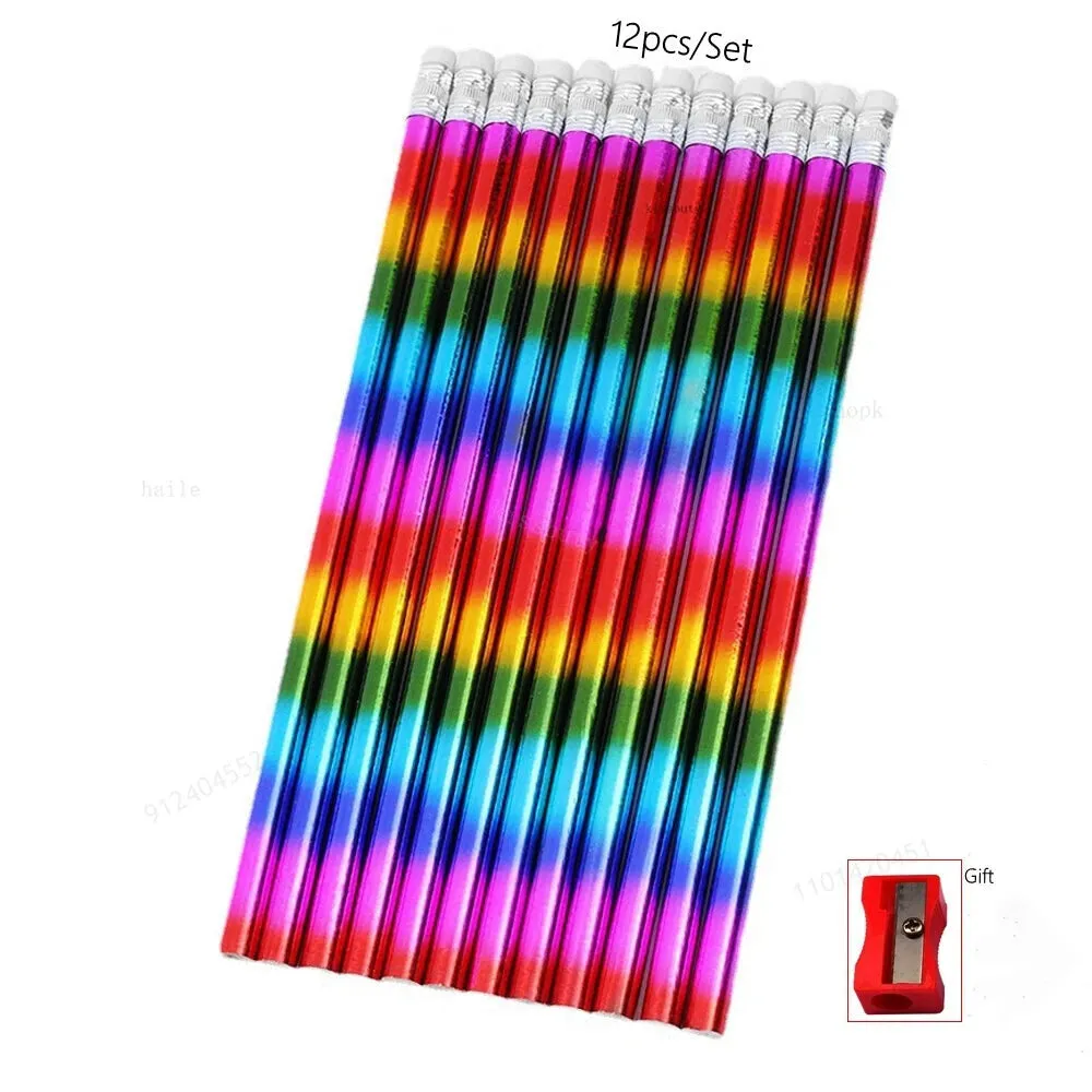12 Rainbow Wooden Pencils with Eraser Sharpener Kids Hb Sketch Drawing