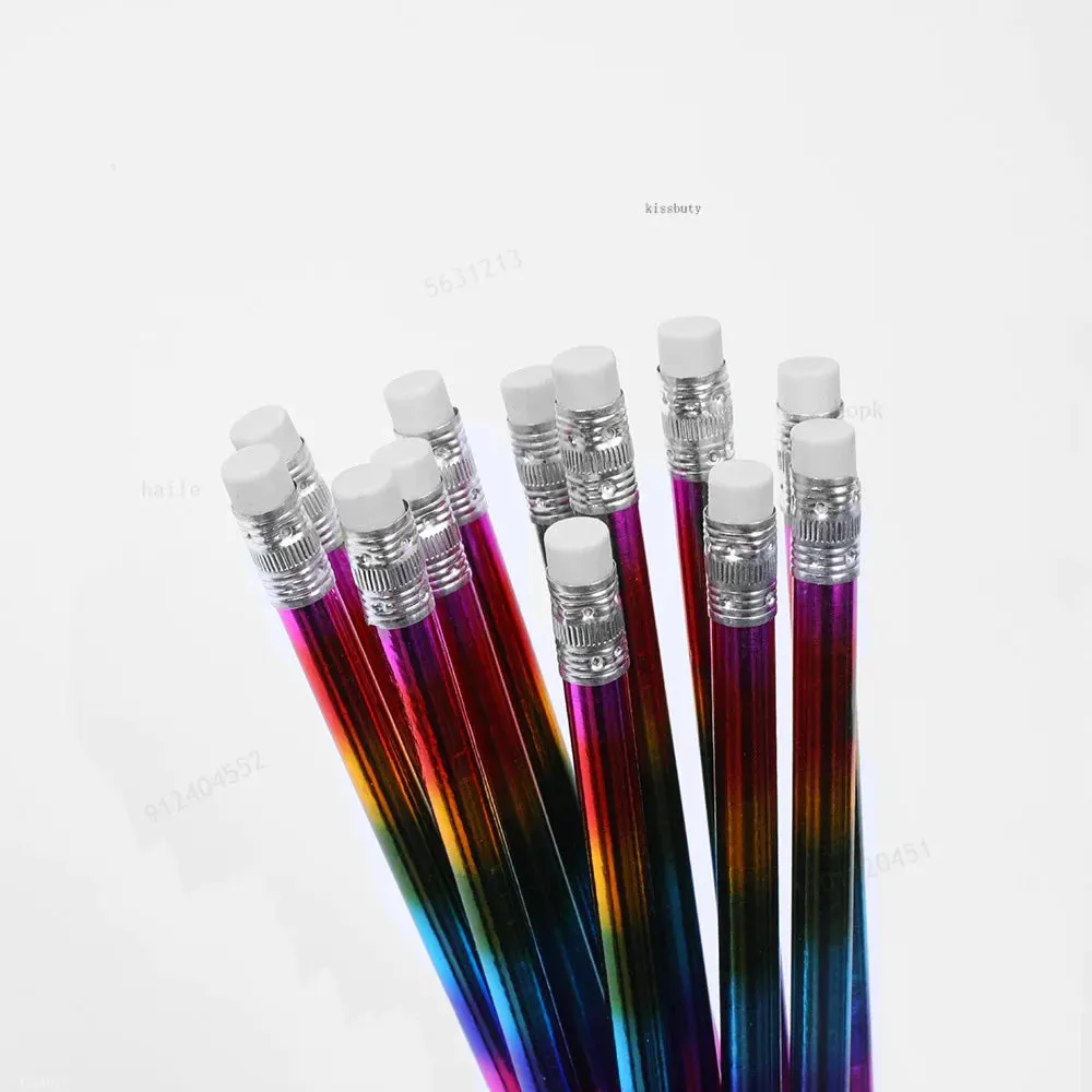 12 Rainbow Wooden Pencils with Eraser Sharpener Kids Hb Sketch Drawing