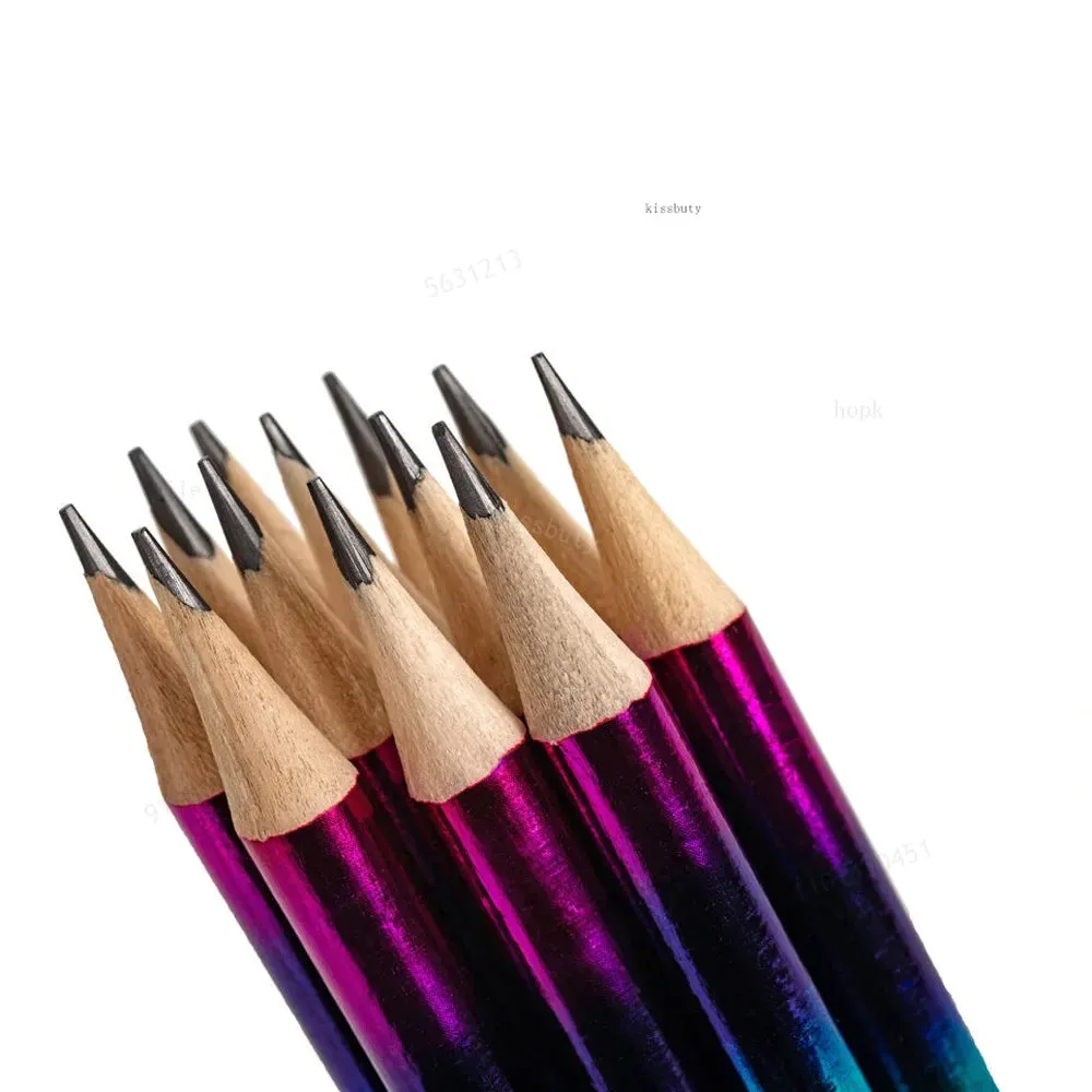 12 Rainbow Wooden Pencils with Eraser Sharpener Kids Hb Sketch Drawing