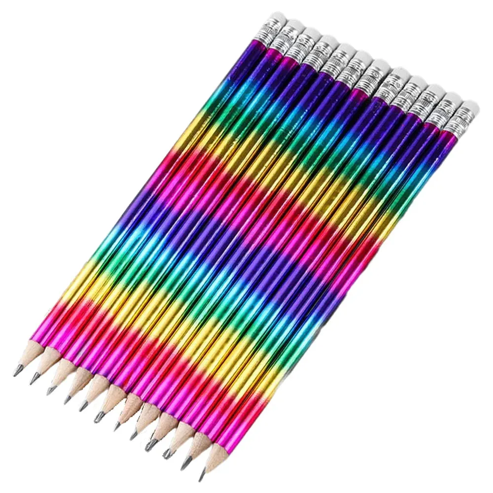 12 Rainbow Wooden Pencils with Eraser Sharpener Kids Hb Sketch Drawing