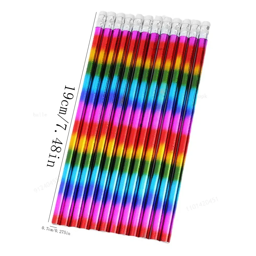 12 Rainbow Wooden Pencils with Eraser Sharpener Kids Hb Sketch Drawing
