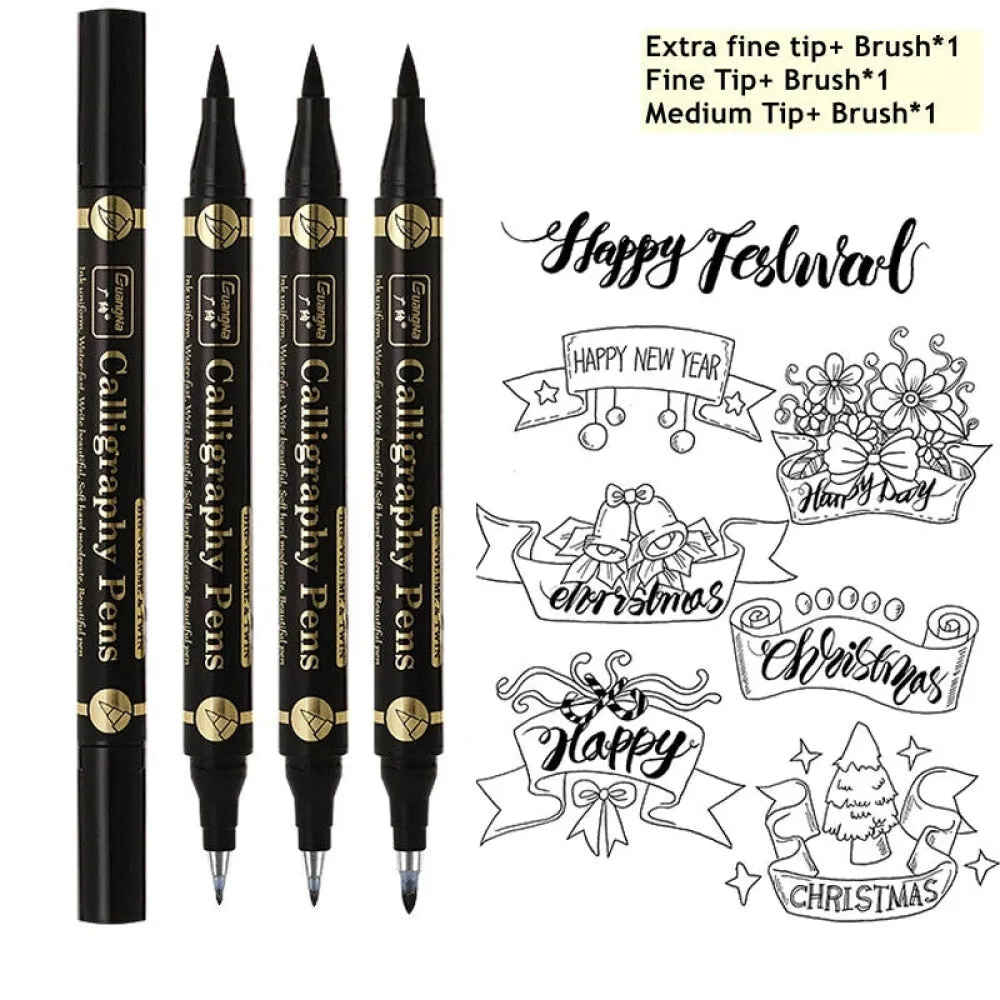 3 Piece Chinese Calligraphy Brush Pen Set for Beginners Double Head Black Ink 4 Sizes