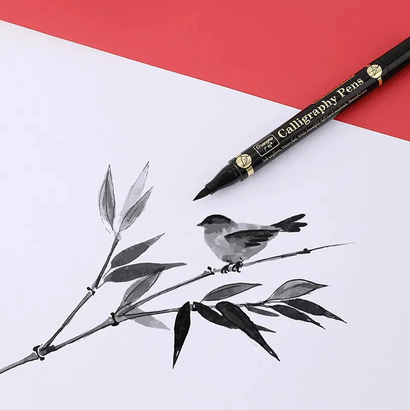 3 Piece Chinese Calligraphy Brush Pen Set for Beginners Double Head Black Ink 4 Sizes