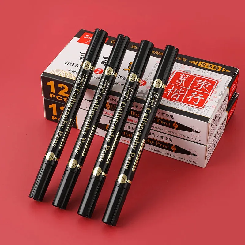 3 Piece Chinese Calligraphy Brush Pen Set for Beginners Double Head Black Ink 4 Sizes