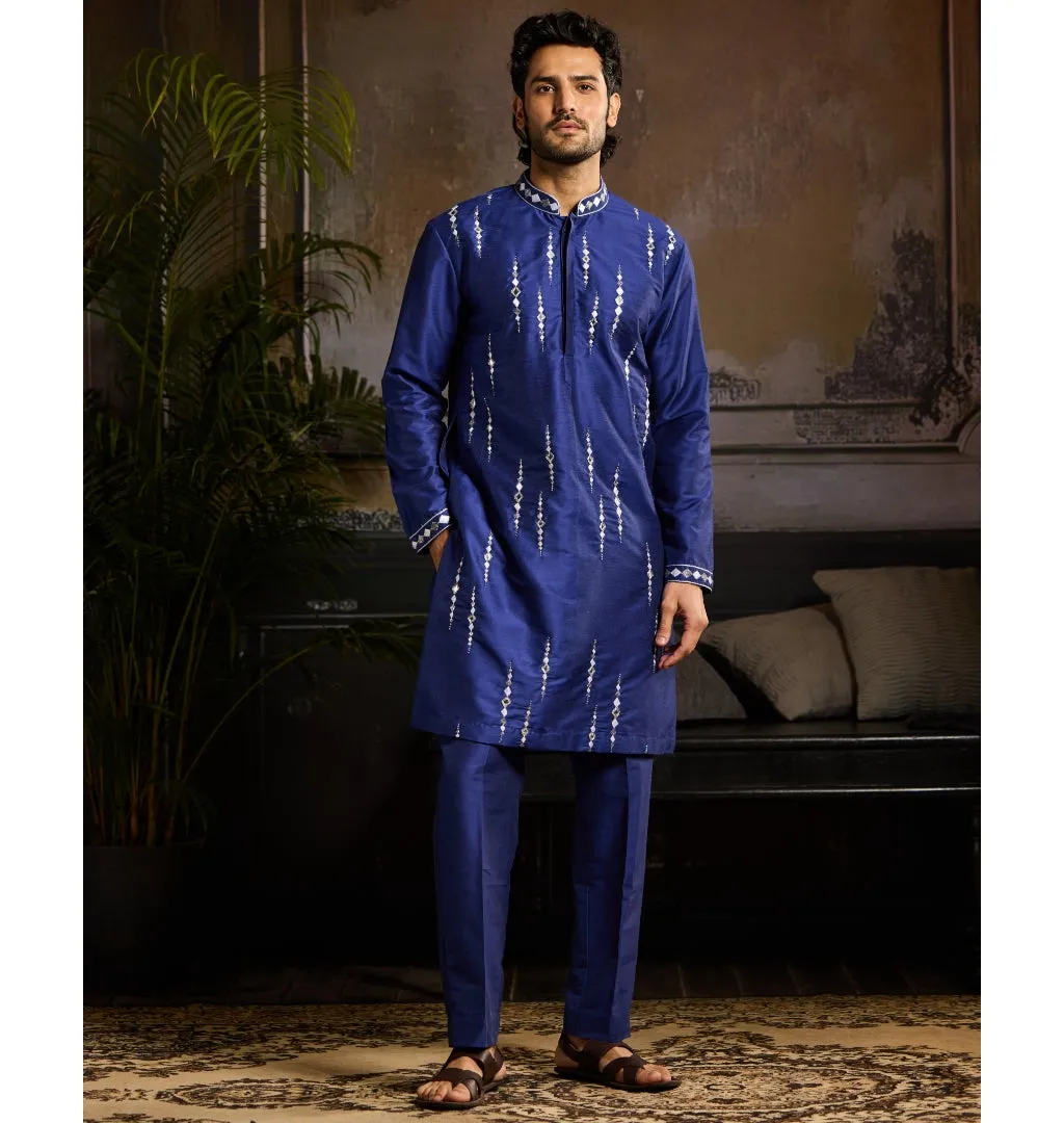 Electric Blue & Silver Cutdana And Acrylic All Over Work Kurta Paired With Electric Blue Pants