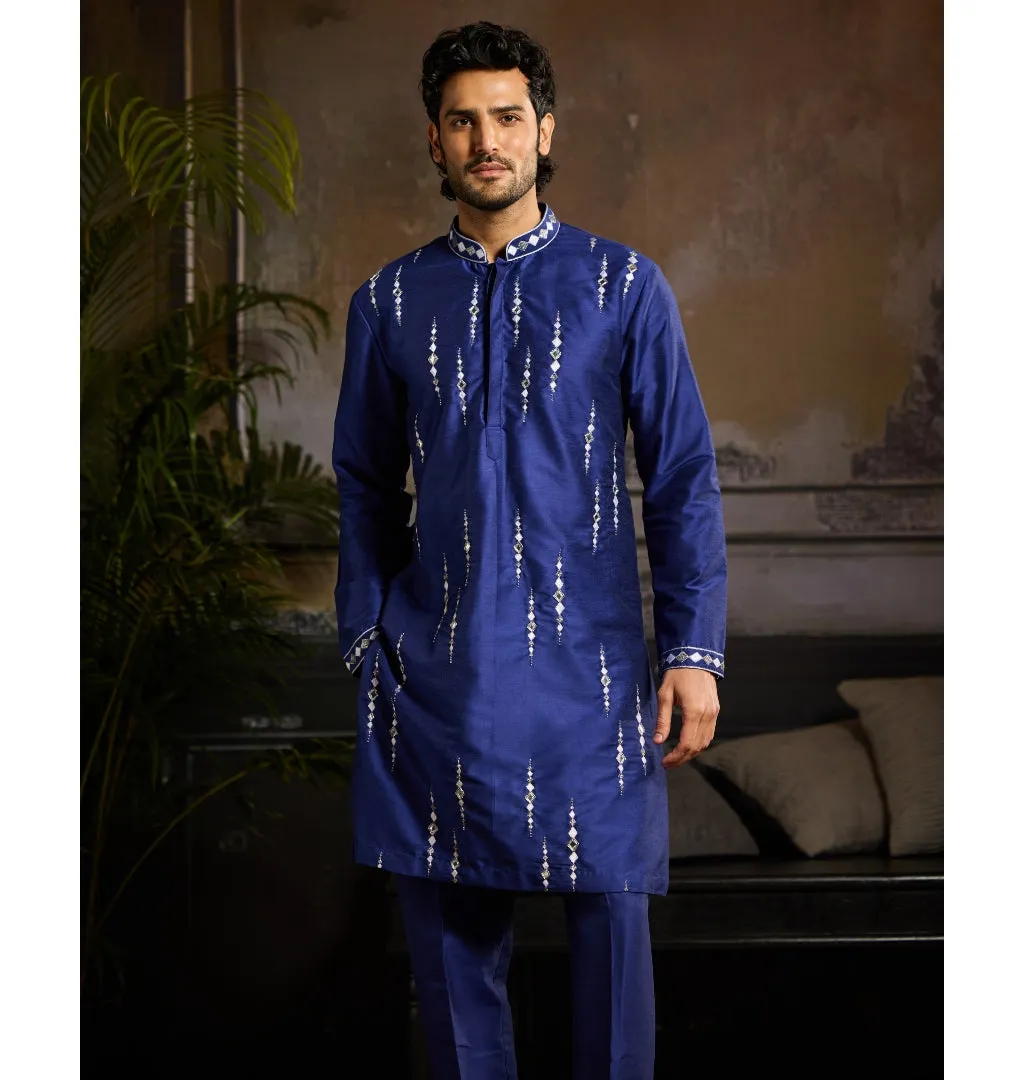Electric Blue & Silver Cutdana And Acrylic All Over Work Kurta Paired With Electric Blue Pants