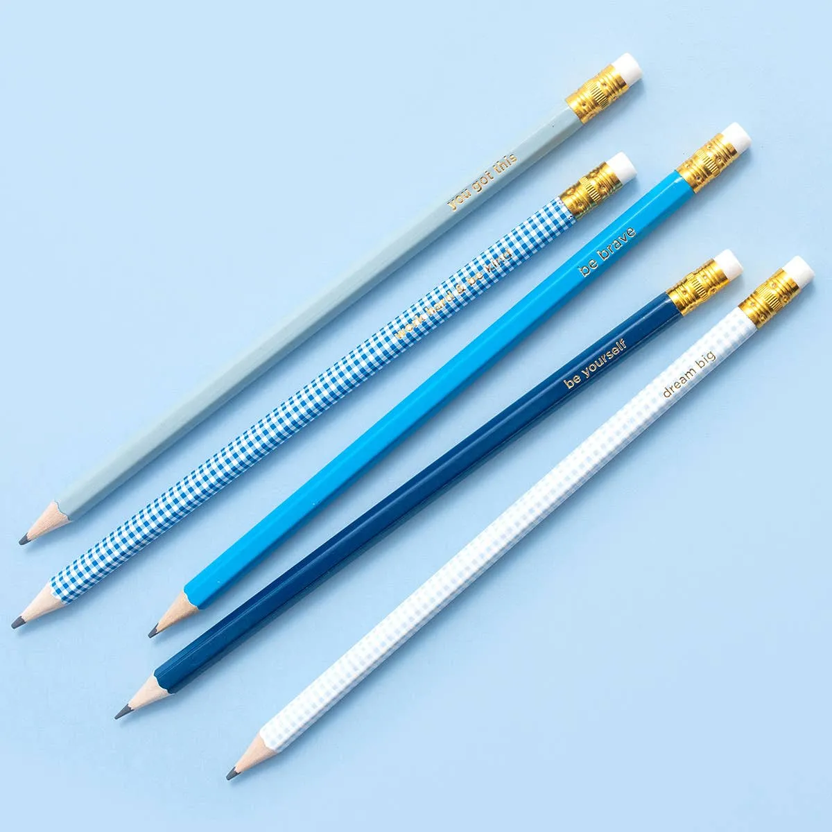 Pencil Set - Motivational - Asst Blues   Gingham - 5 Pc Set
