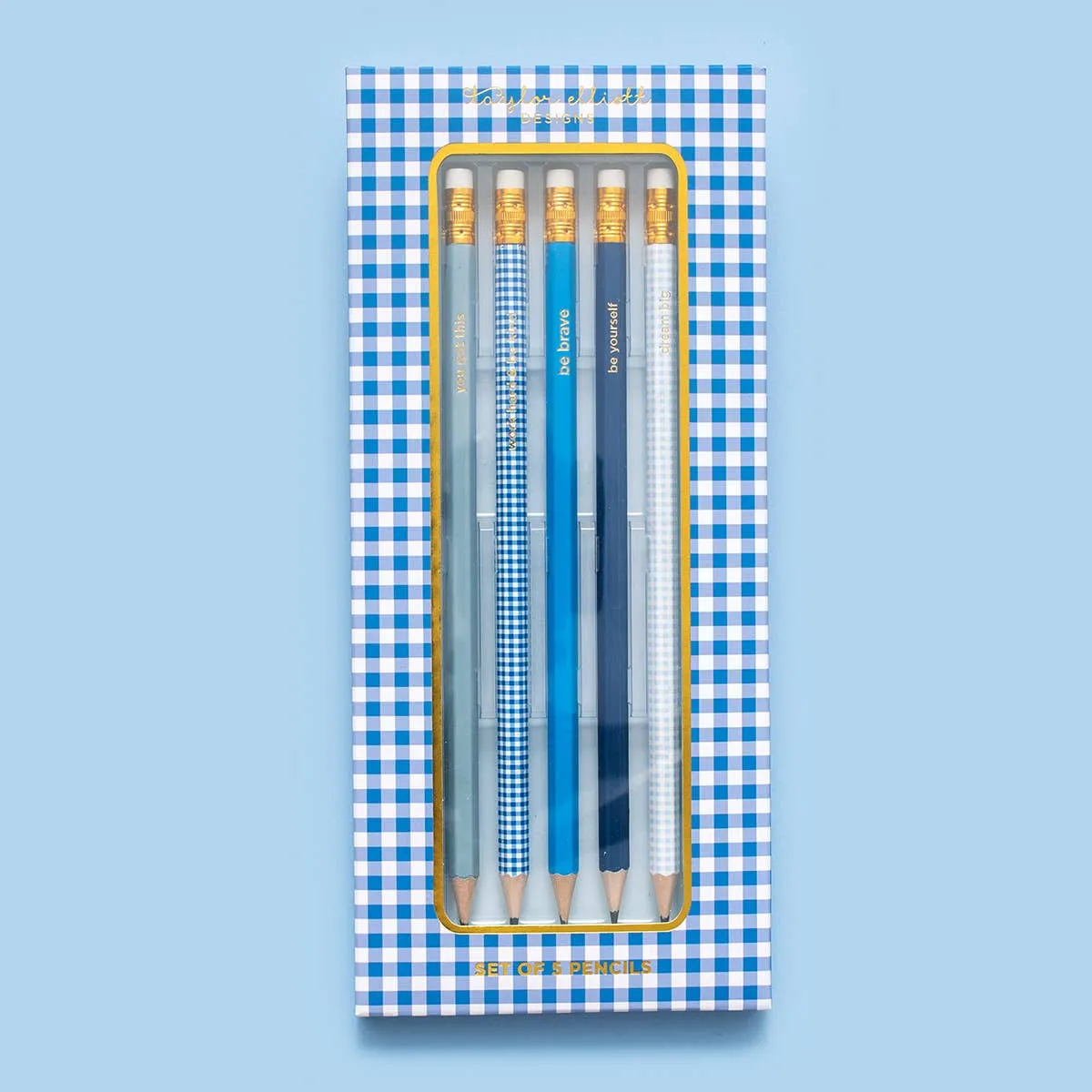 Pencil Set - Motivational - Asst Blues   Gingham - 5 Pc Set